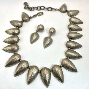 Vintage Givenchy Silver Tone Hammered Metal Tribal Spike Necklace and Earrings